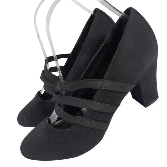 MARBELLA! RACHEL BLACK HEAVY SATIN W/TRIPLE WATERFALL STRAPS HEELS! SZ 7.5M - Picture 1 of 10